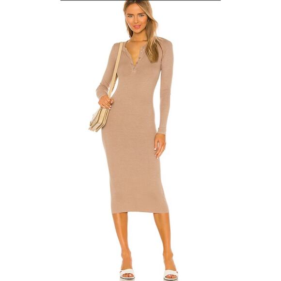 ENZA COSTA X REVOLVE Long Sleeve Henley Midi Dress •S• Sweater Cardigan Taupe - Picture 1 of 9